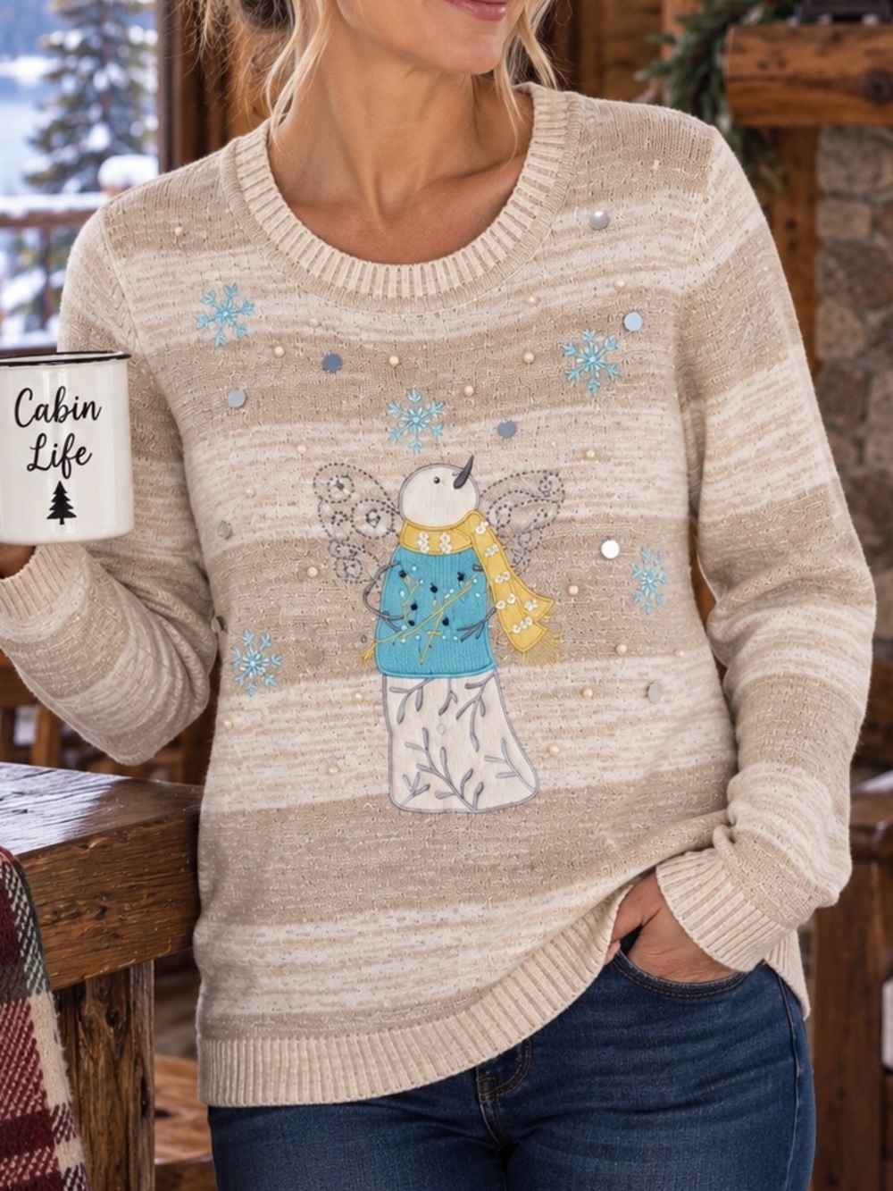 Christopher & Banks Winter Bird Snowflake Embellished Sweater Large